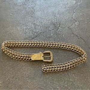 Gold Chain-Link Buckle Belt with Gold Vegan Leather Braiding